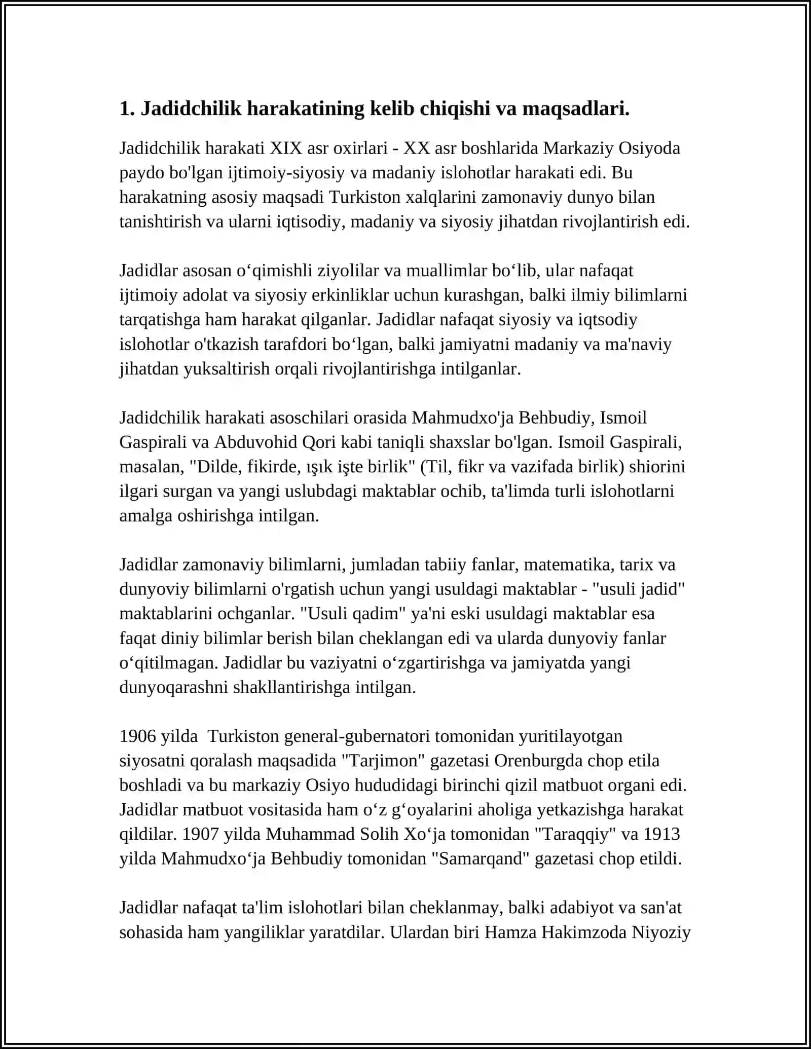 JADID MARIFATPARVARLARINING O'LKA IJTIMOIY MA'NAVIY HAYOTIDA TUTGAN O'RNI,MUNNAVVAR QORI,FITRAT,BEHUDIY,AVLONIY VA BOSHQALAR 3