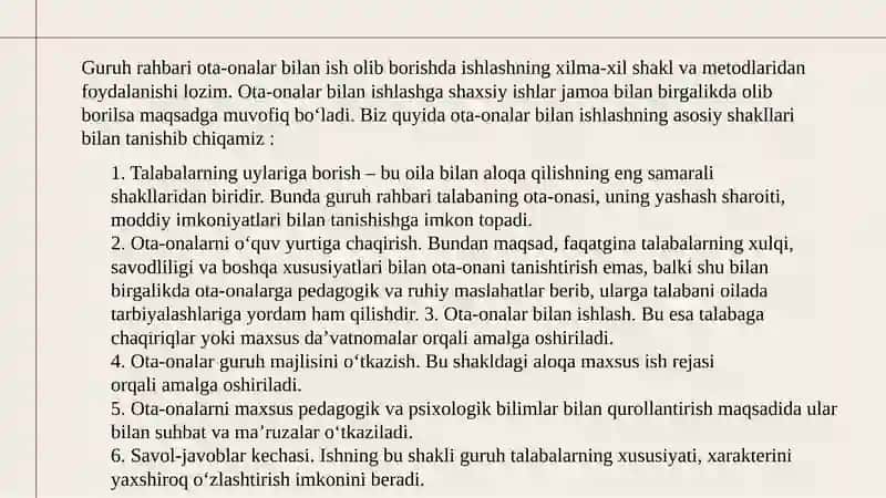 Taʼlim muassasasi oʼquvchilarining ota-onalari bilan olib boriladigan ish shakli va metodlari 3