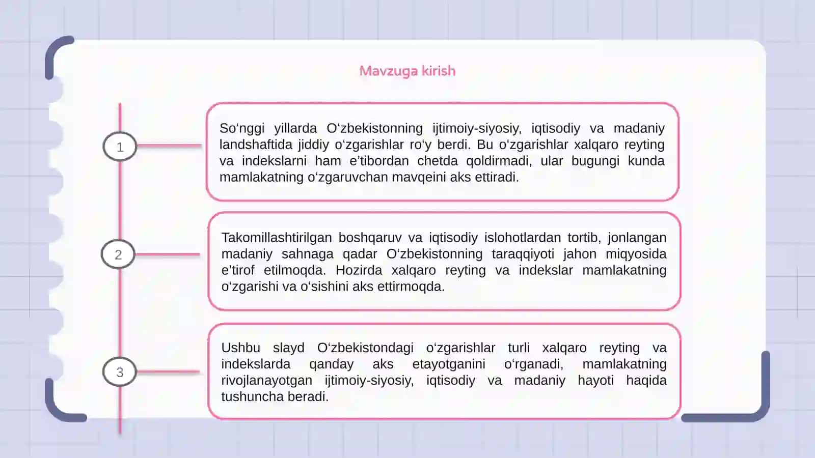 Yangi O‘zbekiston ijtimoiy-siyosiy, iqtisodiy va madaniy hayotidagi oʻzgarishlarning xalqaro reyting va indekslarda aks etishi 3