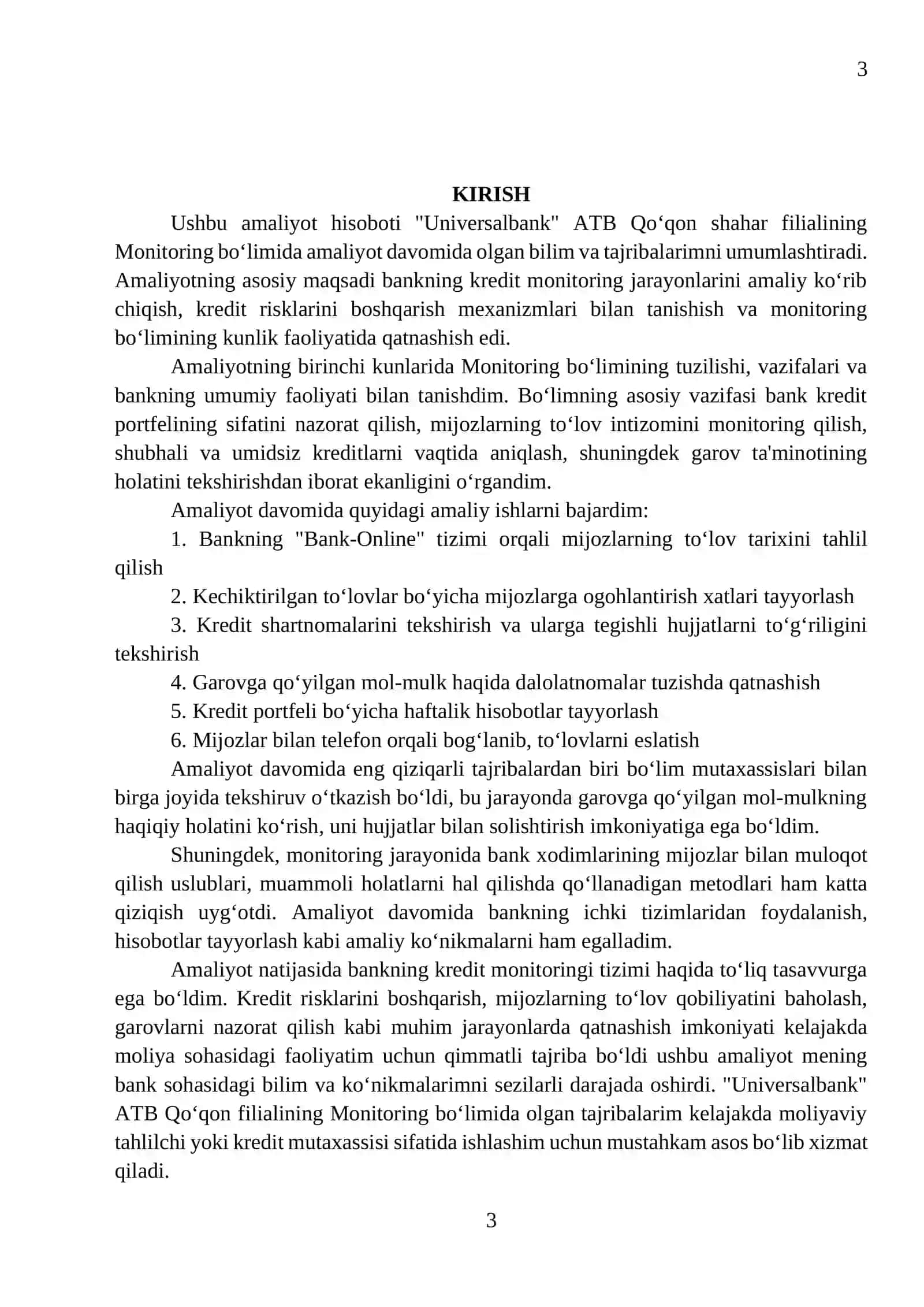 Amaliyot hisoboti "Universalbank" ATB monitoring boʻlimi 3