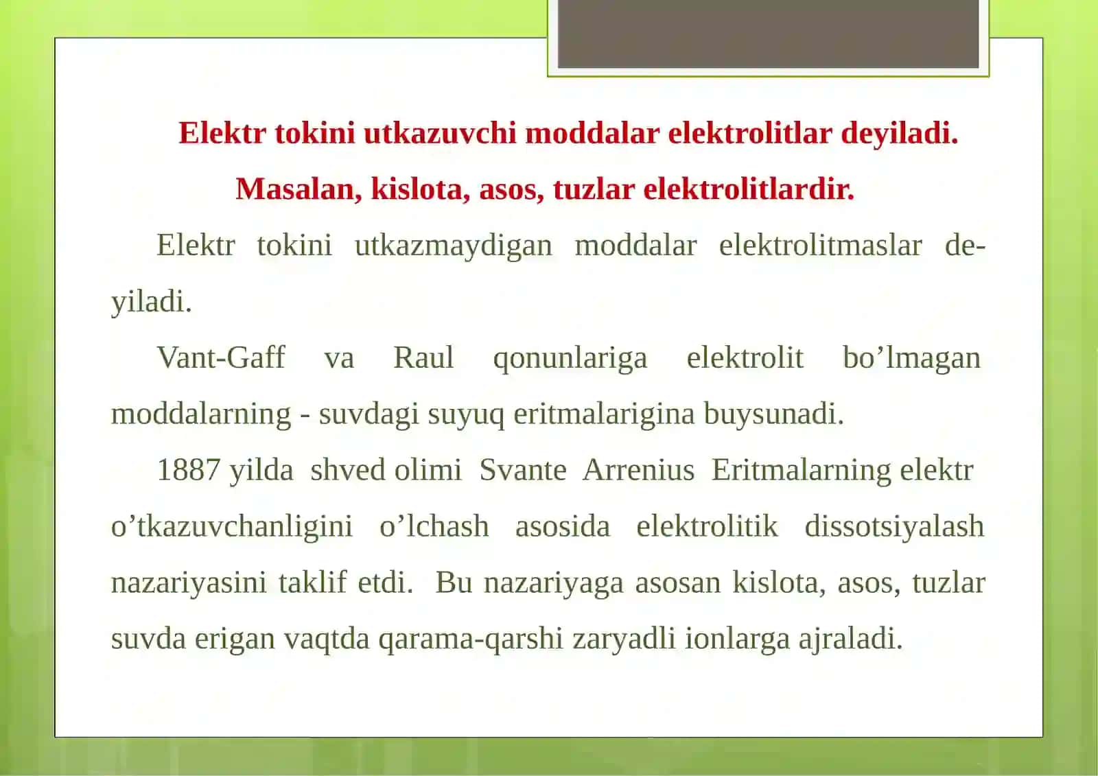 TAQDIMOT: ELEKTROLIK DISSOTSIONALISH. DISSOTSIYALANISH KONSTANTASI 3
