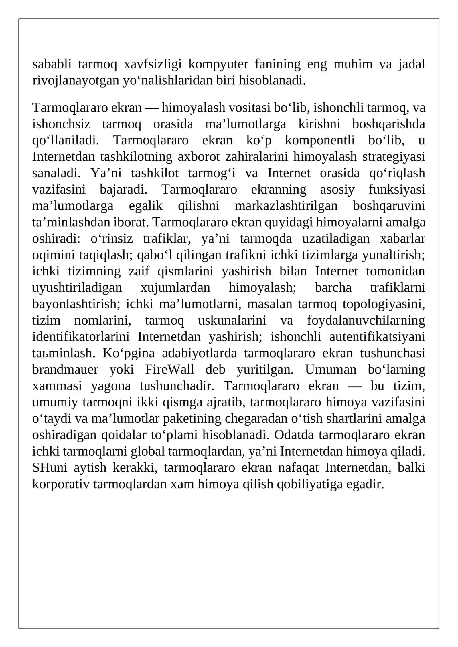 Tarmoqlararo ekranlarning turlari va funksiyalari hamda zamonaviy firewall’larning imkoniyatlari 3