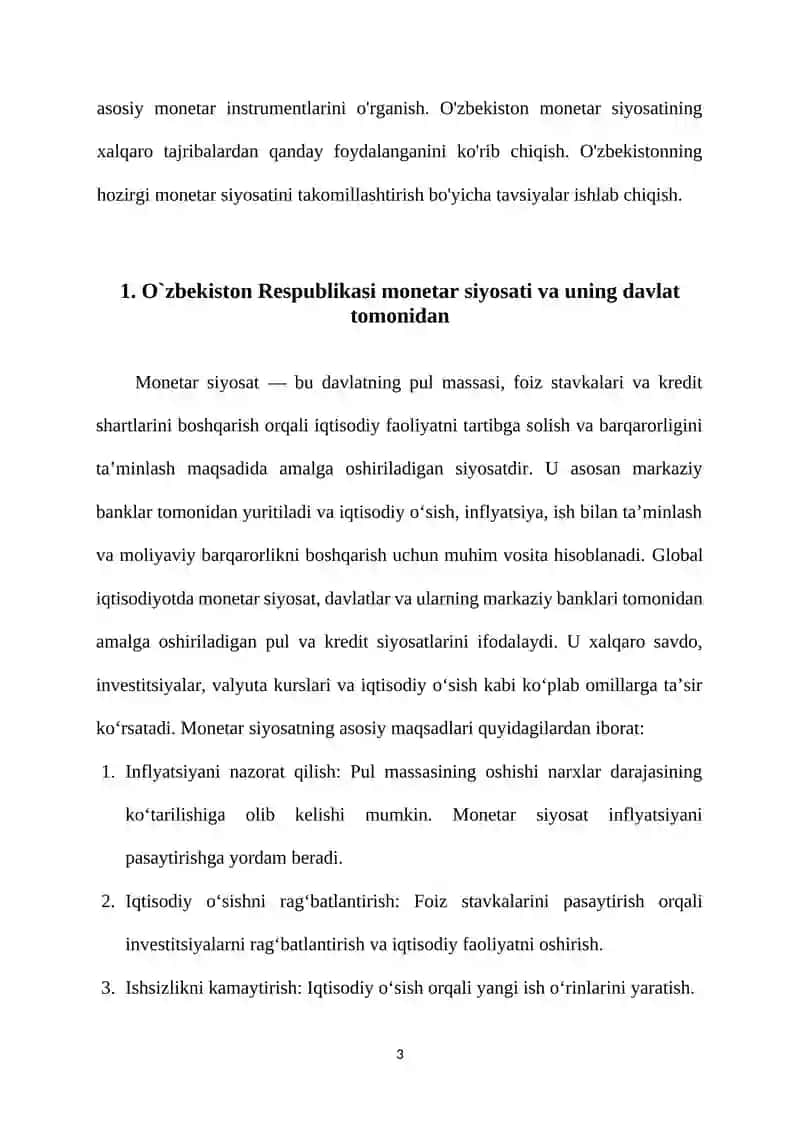 Monetar siyosatining maqsadi, maqsadi ko'rsatkichlari va asosiy yo'nalishlari 3