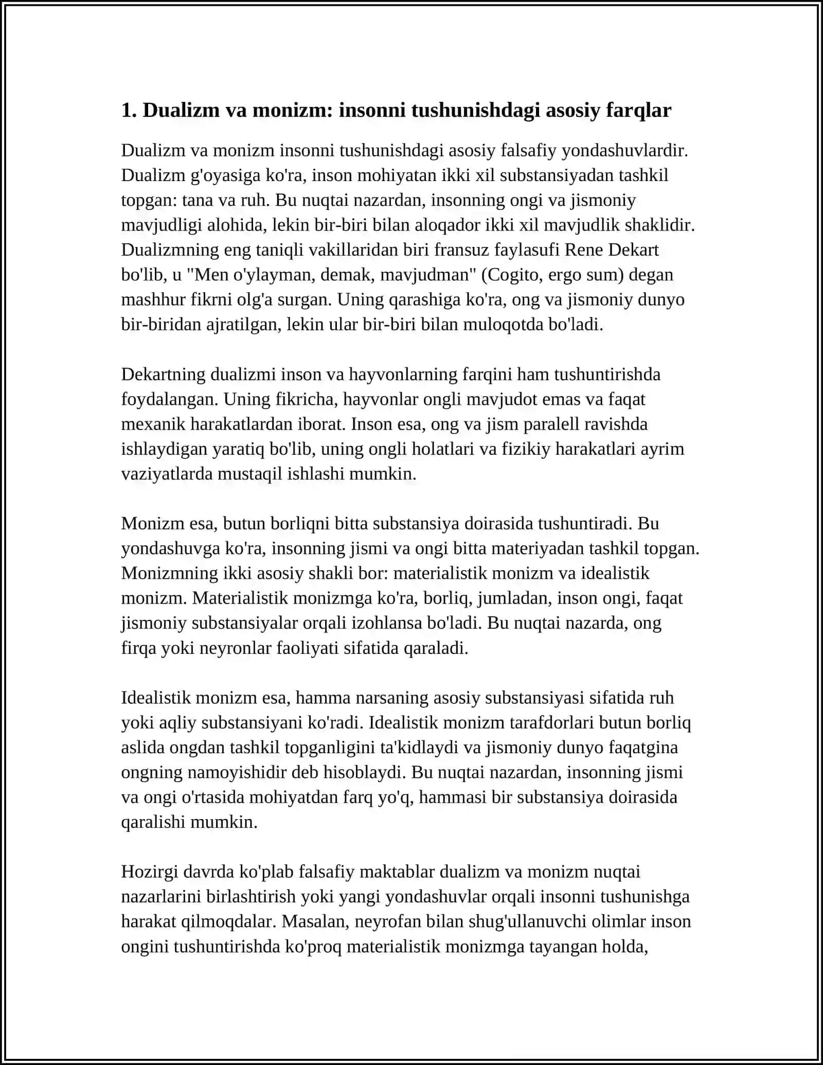 INSONNI TUSHUNISHGA DUALIZM VA MONIZM NUQTAI NAZARIDAN YONDASHUV 3
