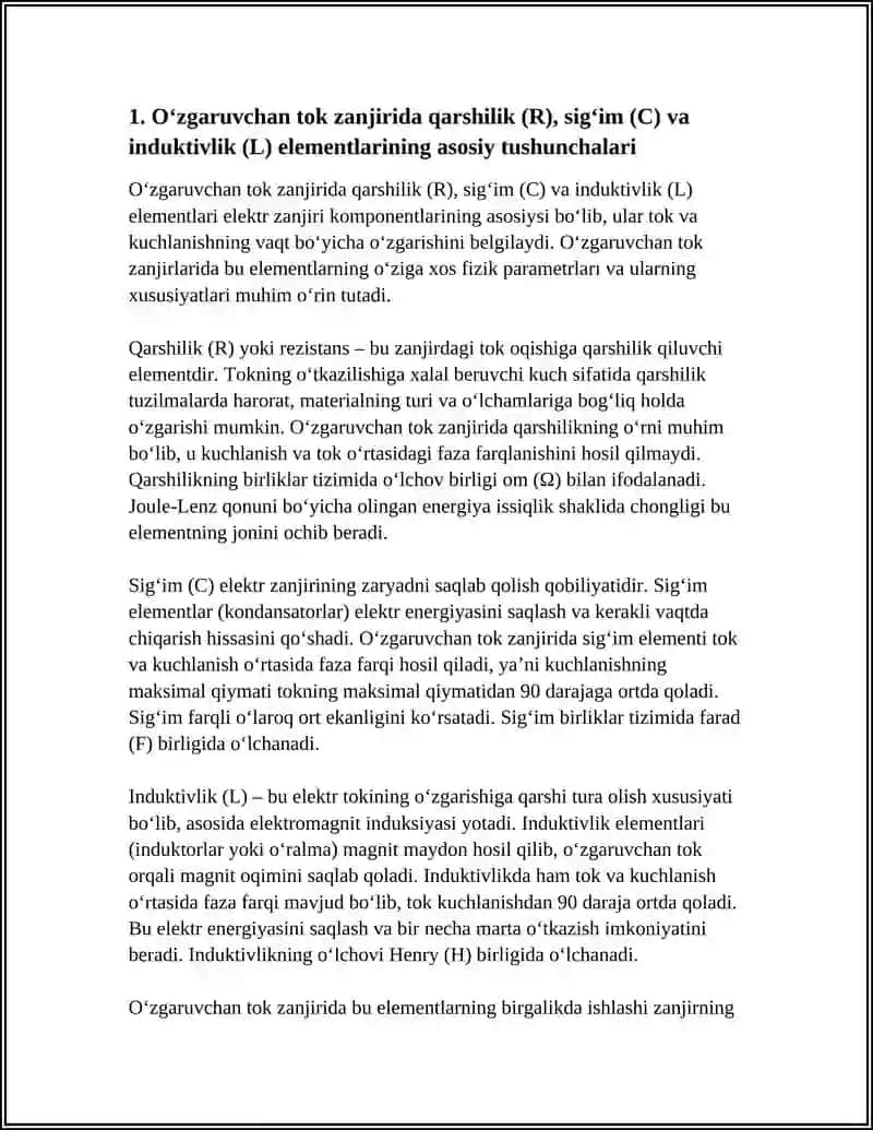 OʻZGARUVCHAN TOK ZANJIRIDA QARSHILIK SIGʻIM VA INDUKTIVLIK 3