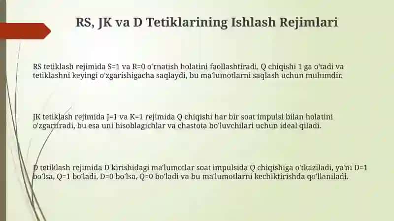 RS, JK va D Triggerlarining Ishlash Rejimlari 3