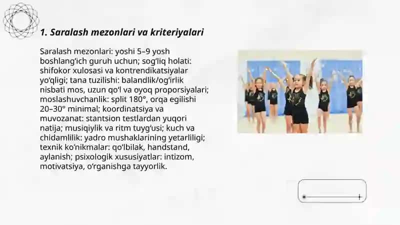 Badiiy gimnastikaga yo’naltirish va saralash 3