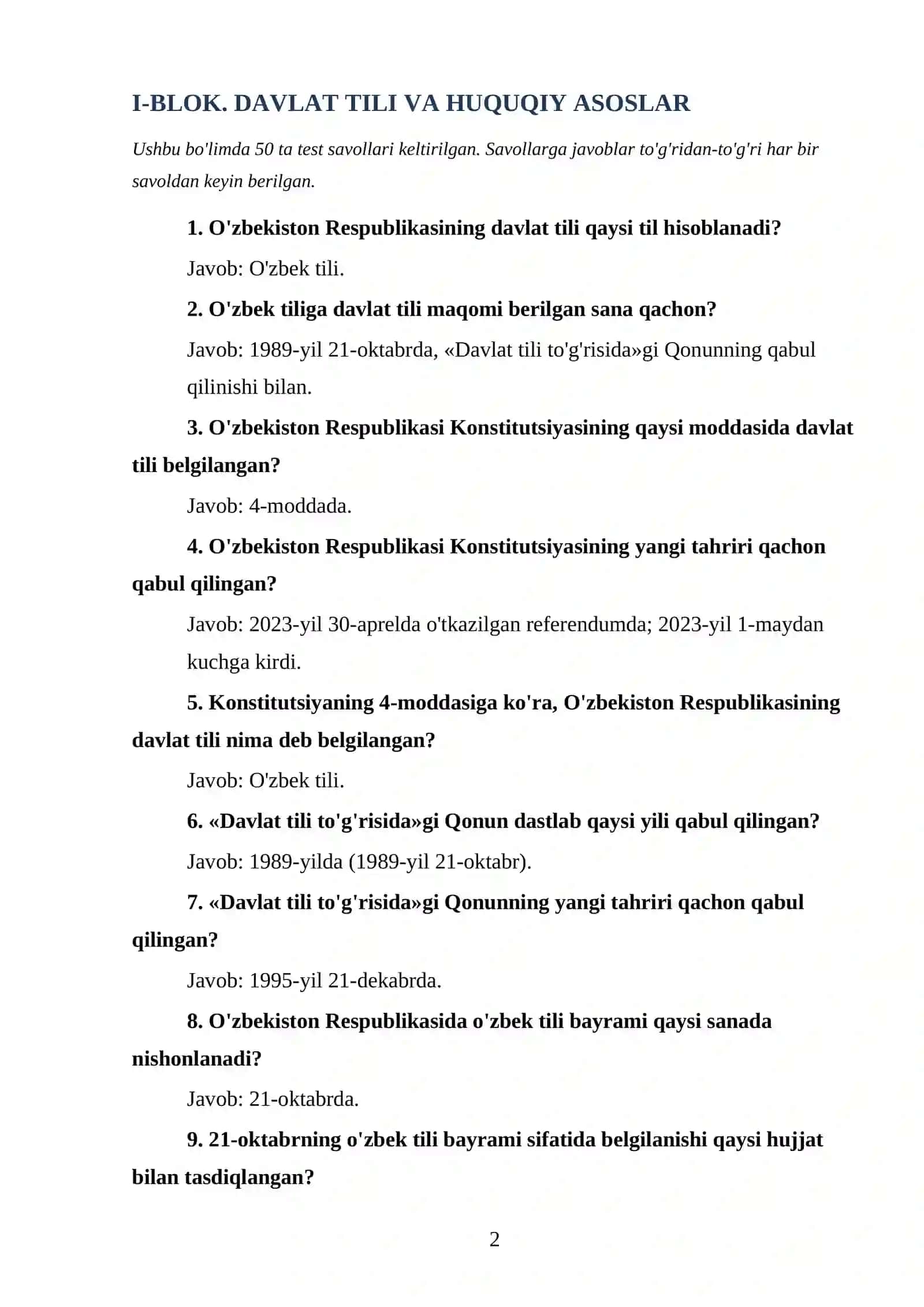 KELAJAK MARKAZI» DIREKTORLARI VA RAHBAR KADRLAR UCHUN NAMUNAVIY TESTLAR TOPLAMI 3