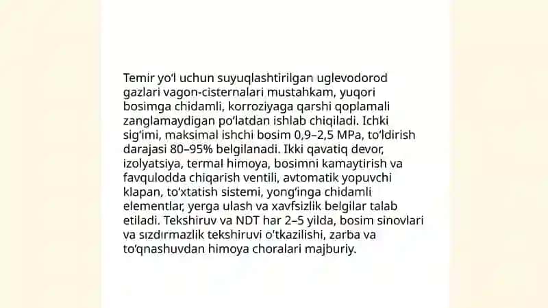 Temir yo‘l uchun suyuqlashtirilgan uglevodorod gazlari vagon-cisternalarining dizayni va xavfsizlik talablari by Abdullayeva Komila 3