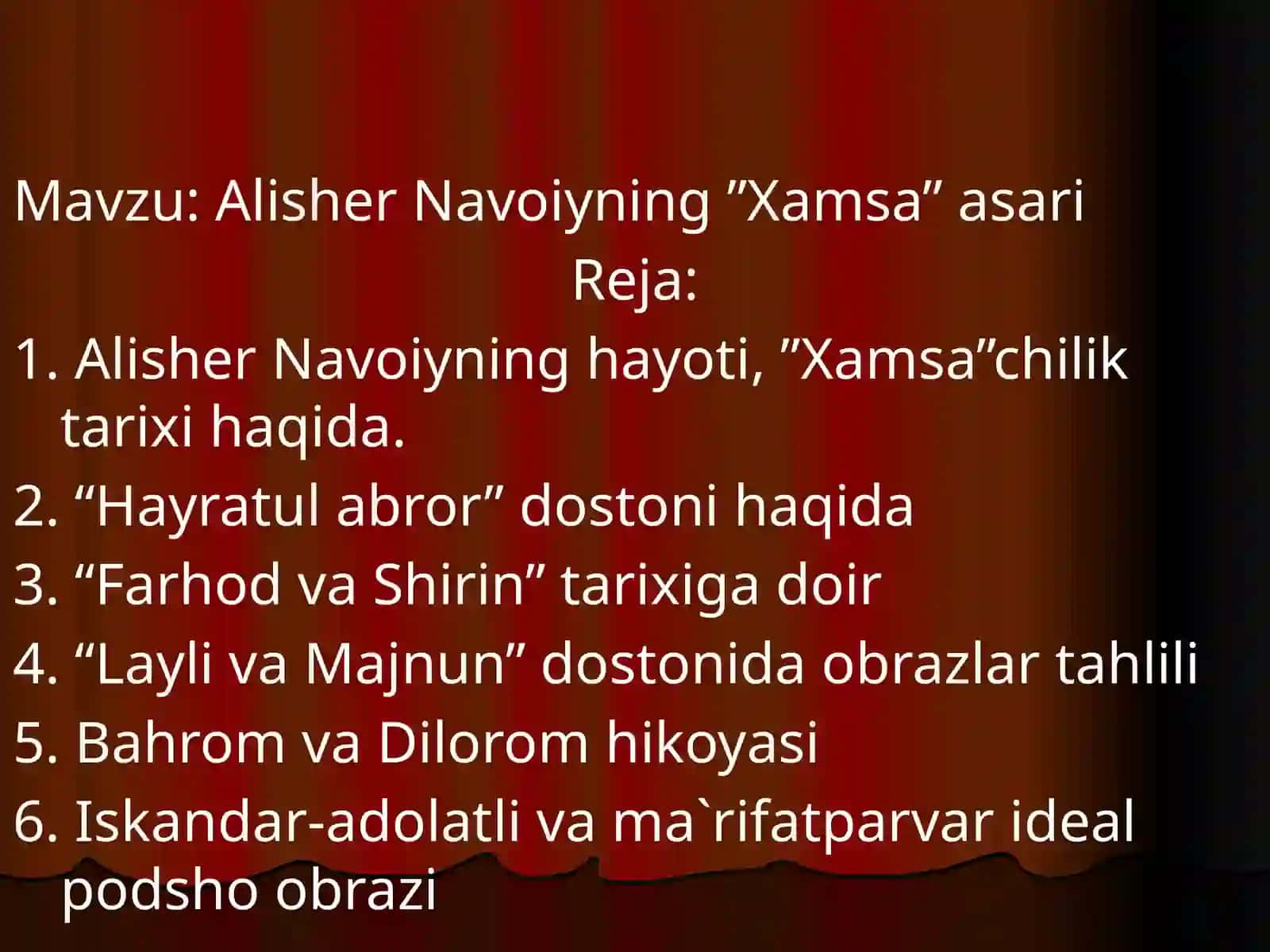 9-sinf Adabiyot fanidan Xamsa dostonlari tahlili dars ishlanma 3