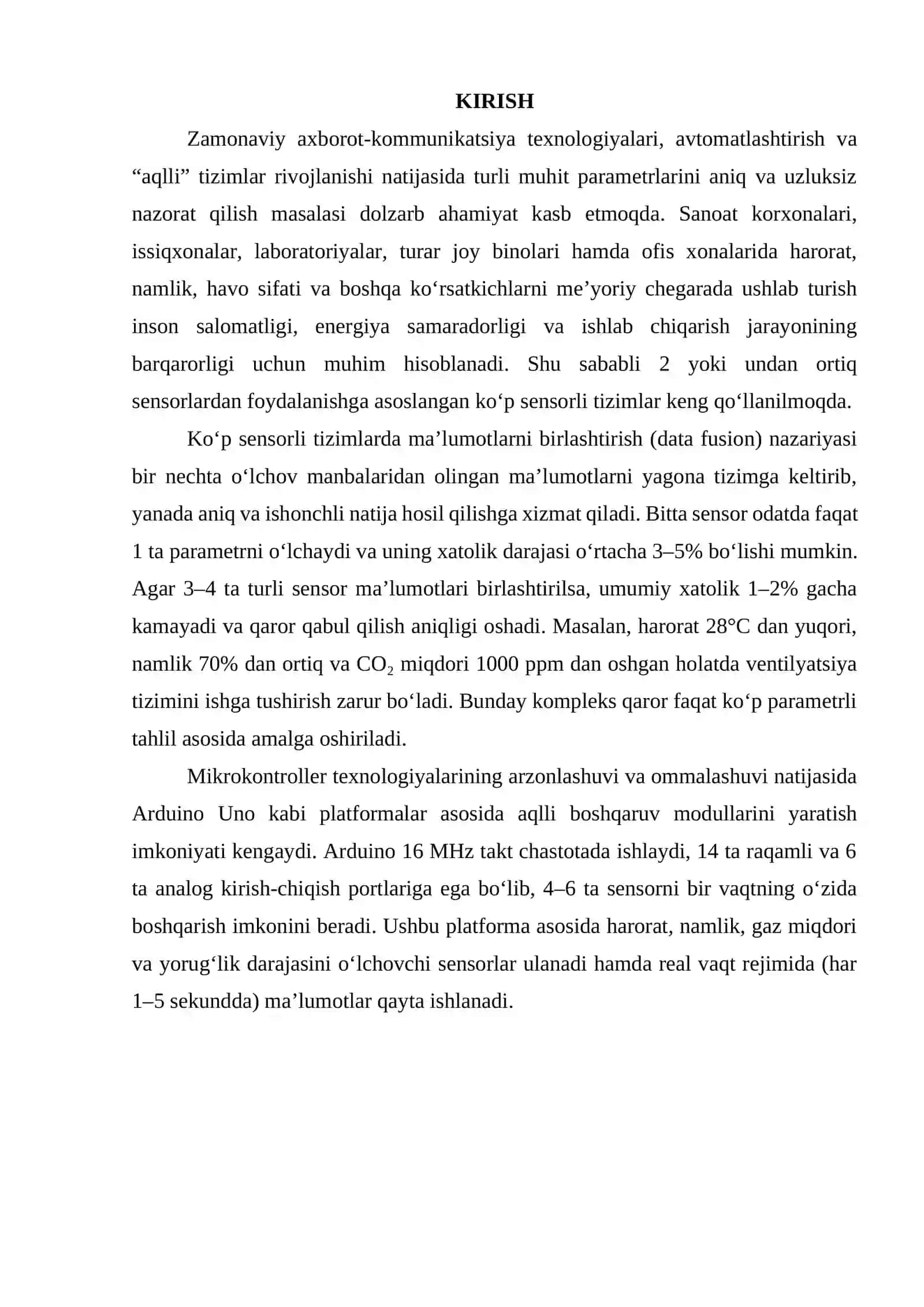Ko‘p sensorli tizimlarda ma’lumotlarni birlashtirish. Arduino asosida aqlli iqlim nazorati moduli 3
