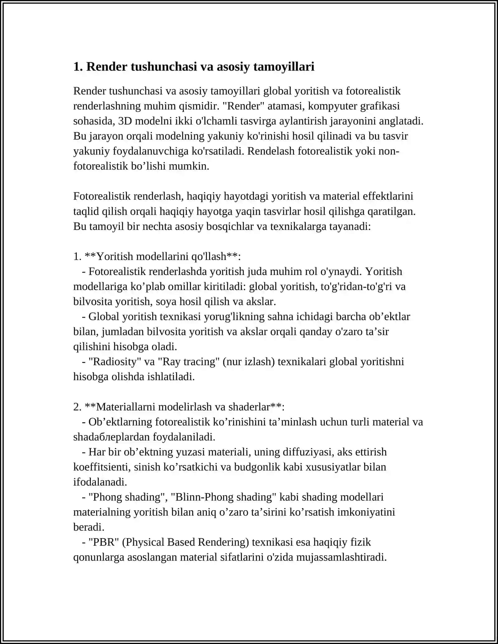 RENDER TUSHUNCHASI GLOBAL YORITISH FOTOREALISTIK RENDER 3