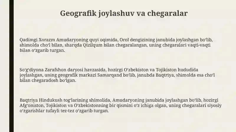 Qadimgi Xorazm Soʻgʻ Da Baqtriya tarixiy geografiyasi 3
