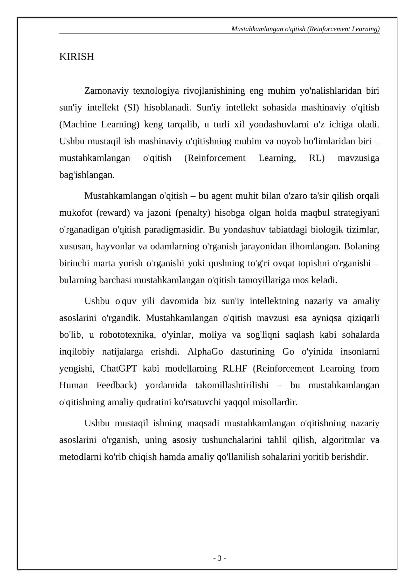 "SUN'IY INTELLEKT ASOSLARI" FANI Mavzu: MUSTAHKAMLANGAN O'QITISH (REINFORCEMENT LEARNING) 3