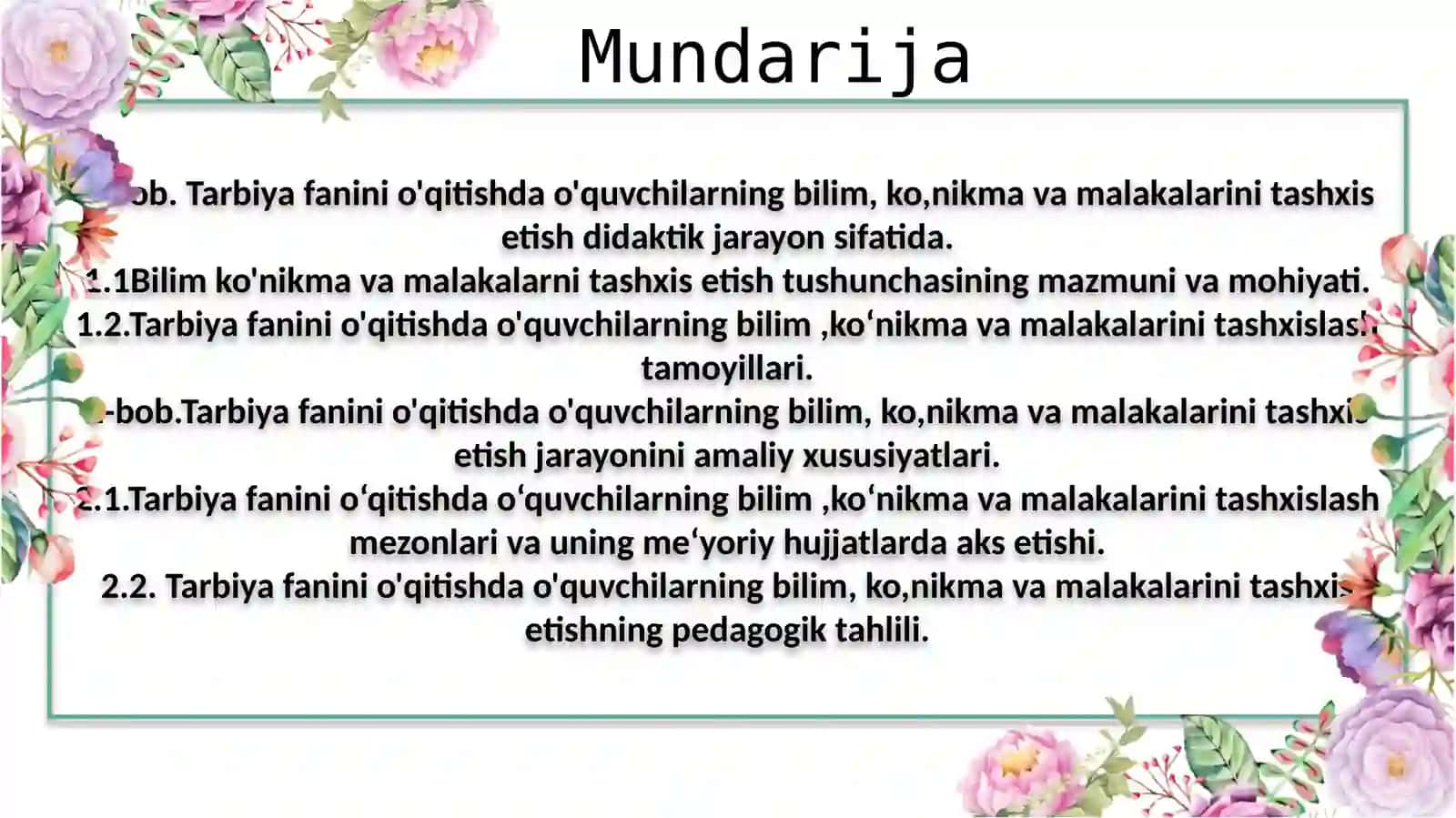 Tarbiyafanini o'qitishda o'quvchilarning bilim, ko'nikma va malakalarini tashxis etish 3