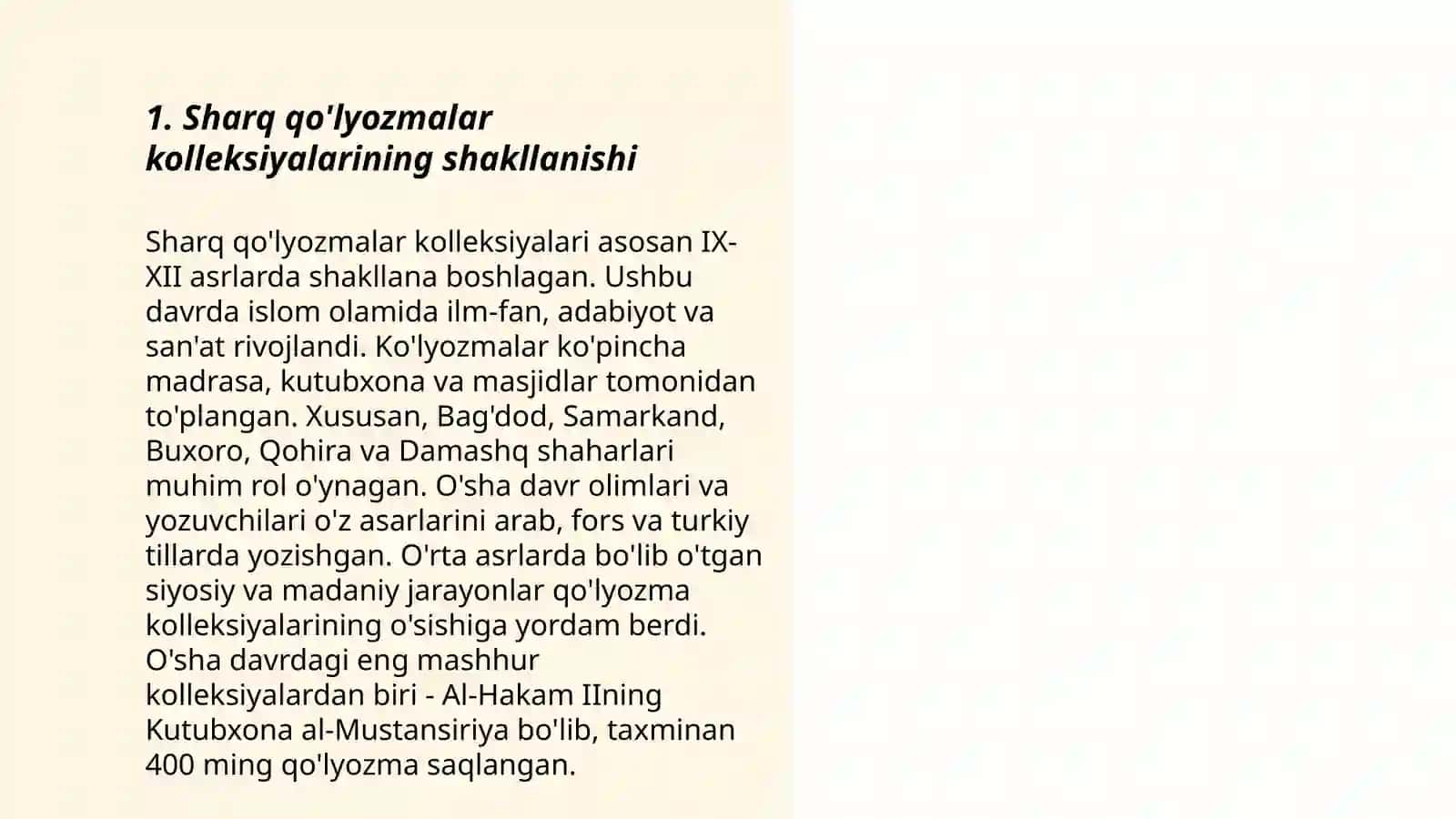 Sharq qõlyozma kitoblarini tõplash va saqlashda Turkistondagi mahalliy muassasalar va olimlarning roli 3