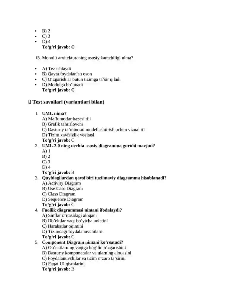 Dasturiy ta'minot arxitekturasi test savollari 3