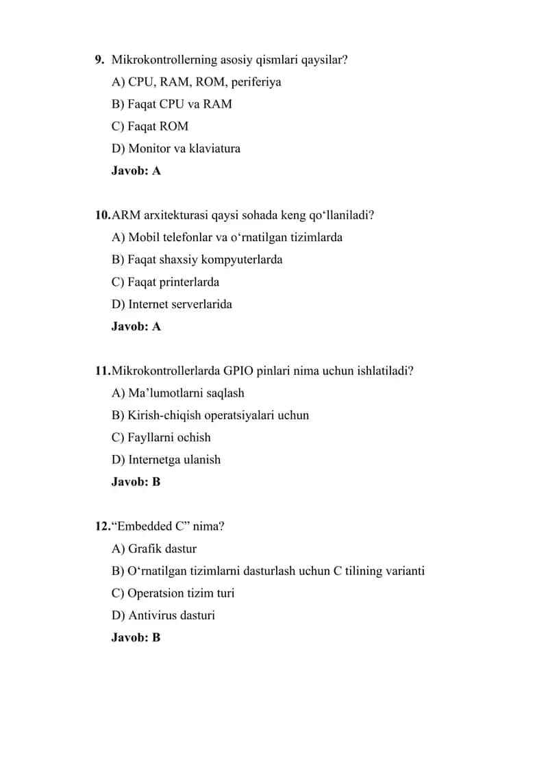 O‘rnatilgan tizimlar va ularni dasturlash asoslari boʻyicha 50-ta test savollari to‘plami javoblari bilan 3