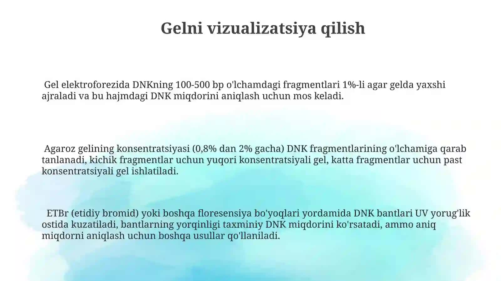Genom DNK kontsentratsiyasini aniqlash (spektrofotometr va gel-elektroforez usullari yordamida) 3
