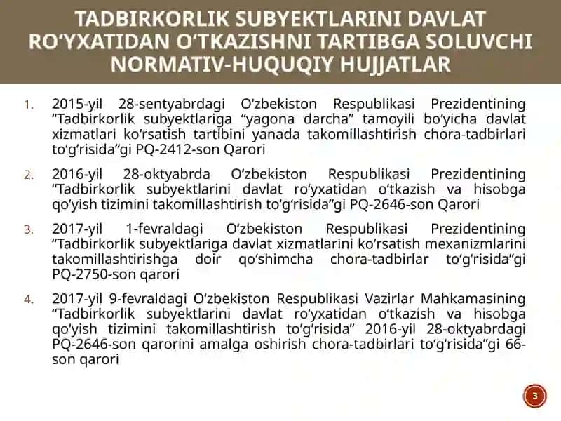 Biznes subyektlarini tashkil etish tartibi,qayta tashkil etish va tugatish 3
