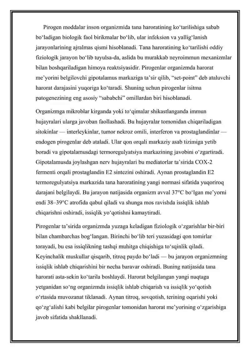 Pirogen moddalar termoregulyatsiya jarayonidagi ahamiyati 3