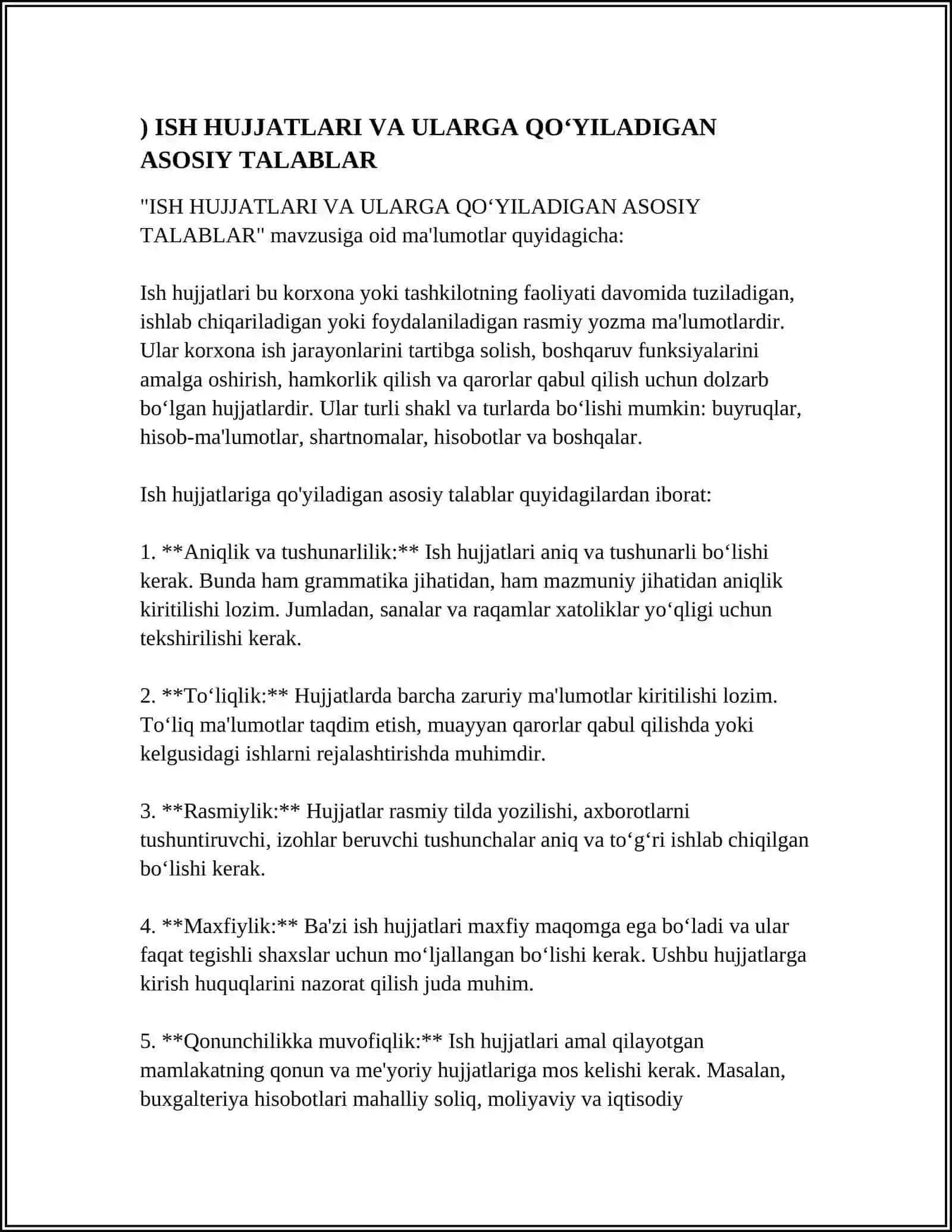 ISH HUJJATLARI VA ULARGA QOʻYILADIGAN ASOSIY TALABLAR 3