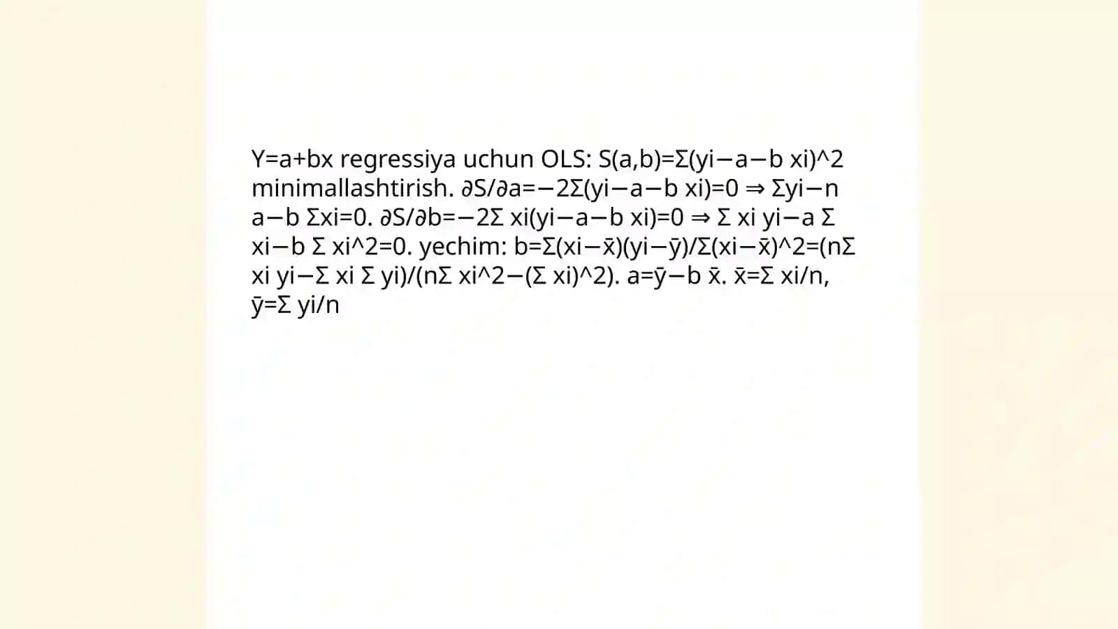 Y = a + bx regressiya tenglamasining a va b parametrlari hisoblansin va tahlil qilish 3
