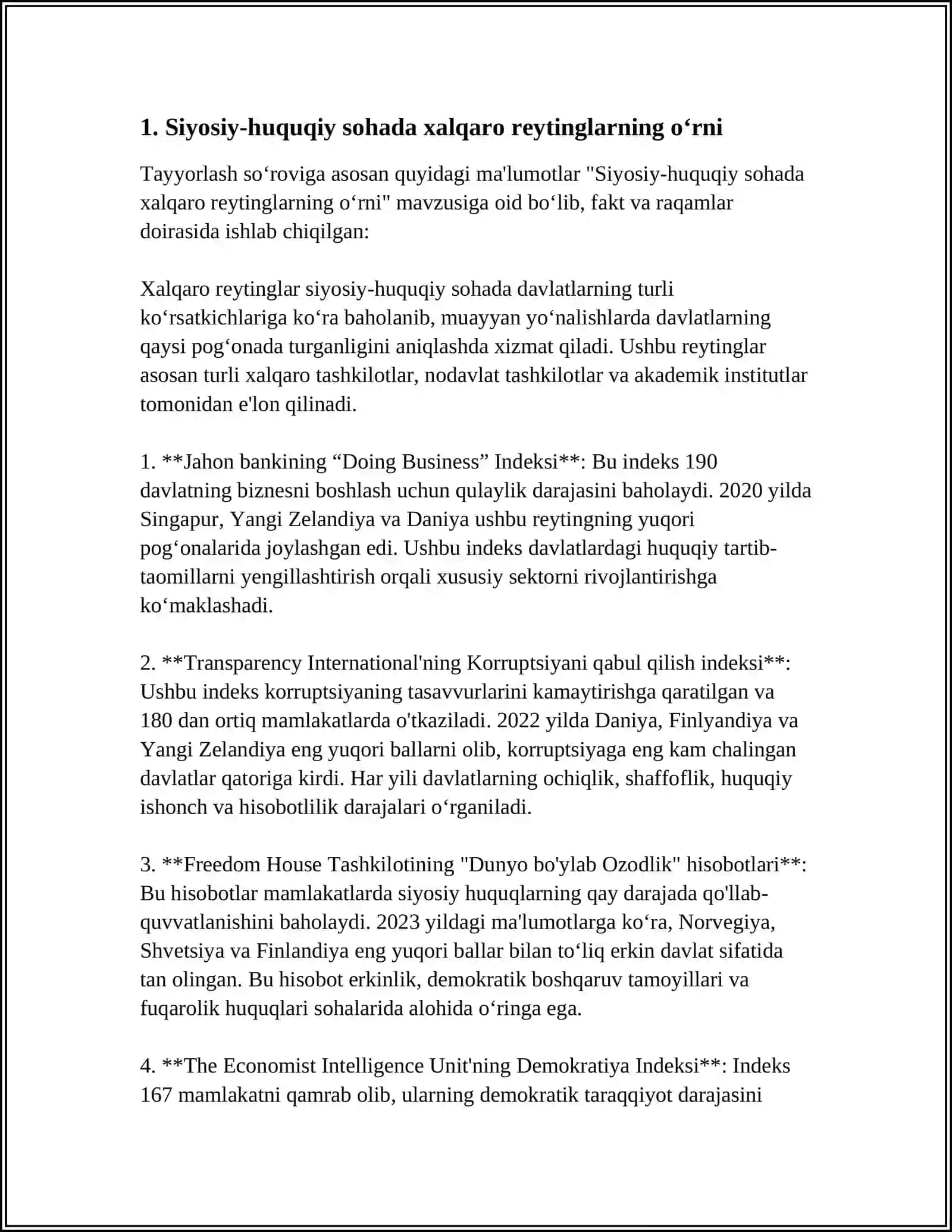 SIYOSIY-HUQUQIY SOHADAGI USTUVOR HALQARO REYTINGLAR VA ULARGA O'ZBEKISTONNING INTEGRATSIYALASHUVI 3