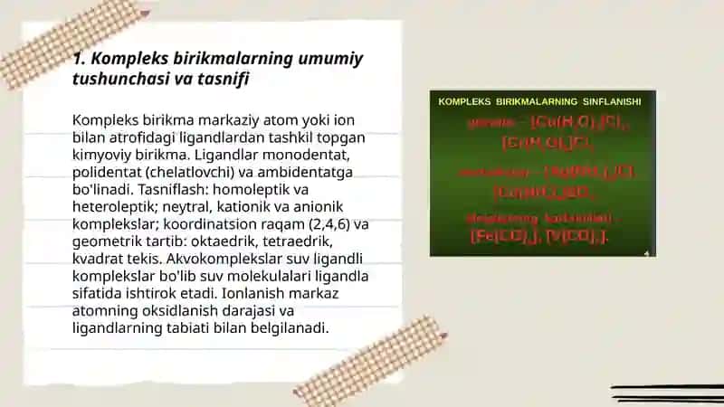Kompleks birikmalarning sinflanishi. Akvokomplekslar ularning ionlanishi 3