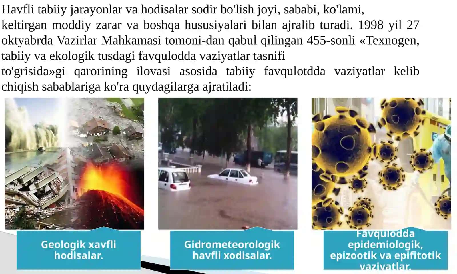 TABIIY TUSDAGI FAVQULODDA VAZIYATLAR, ULARNING TASNIFI VA TAVSIFI.AHOLI VA XUDUDNI TABIIYFAVQULODDA VAZIYATLARDAN MUHOFAZA QILISH 3
