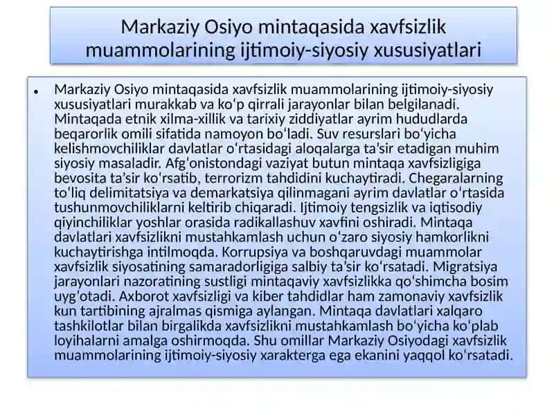 O'zbekistonning Makaziy Osiyoda tinchlik va bargarorlikni ta minlashdagi o'rni 3