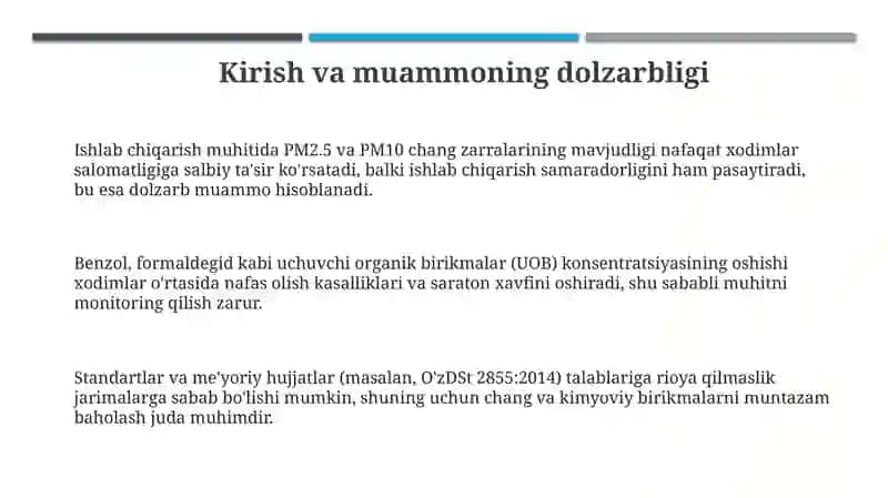 Ishlabchiqarish muhitida chang va kimyoviy birikmalarni aniqlash va baholash 3