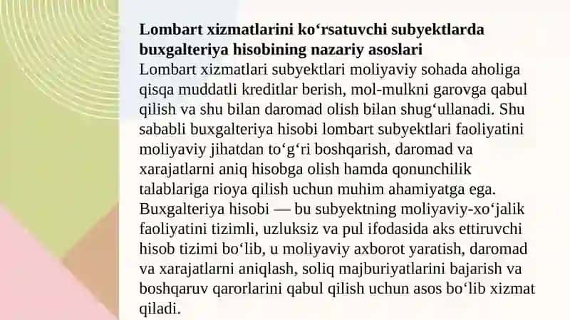 Lombart xizmatlarini koʻrsatuvchi sub’ektlarda buxgalteriya hisobi 3