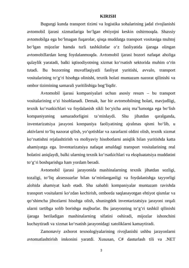 Avtomobil ijarasi va ombor inventar tizimi 3