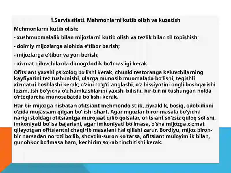 RESTORANLARDA MEHMONLAR ISHONCHI. BARLARDAGI SERVIS 3