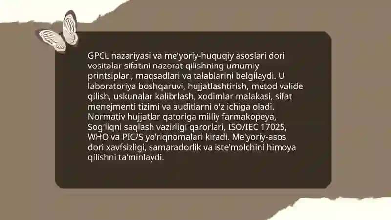 Yaxshi dori vositalarni sifatini nazorat qilish amaliyoti (GPCL) 3