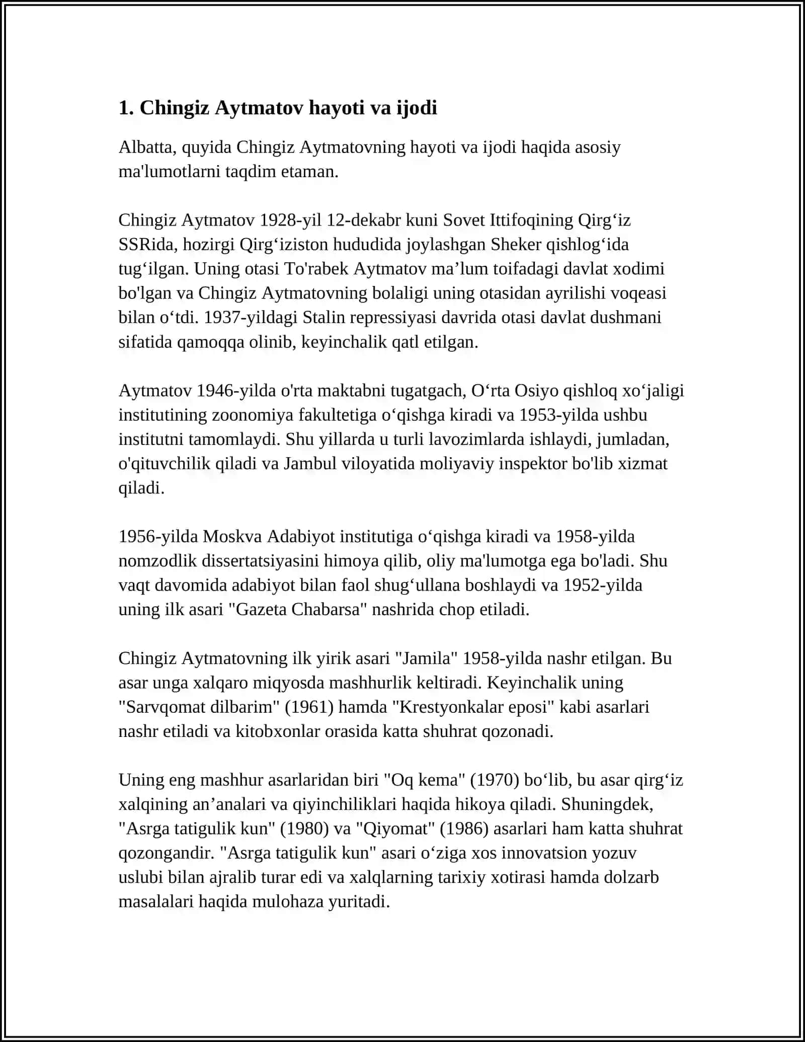 CHINGIZ AYTMATOVNING "SARVIQOMAT DILBARIM" ASARI HAQIDA 3