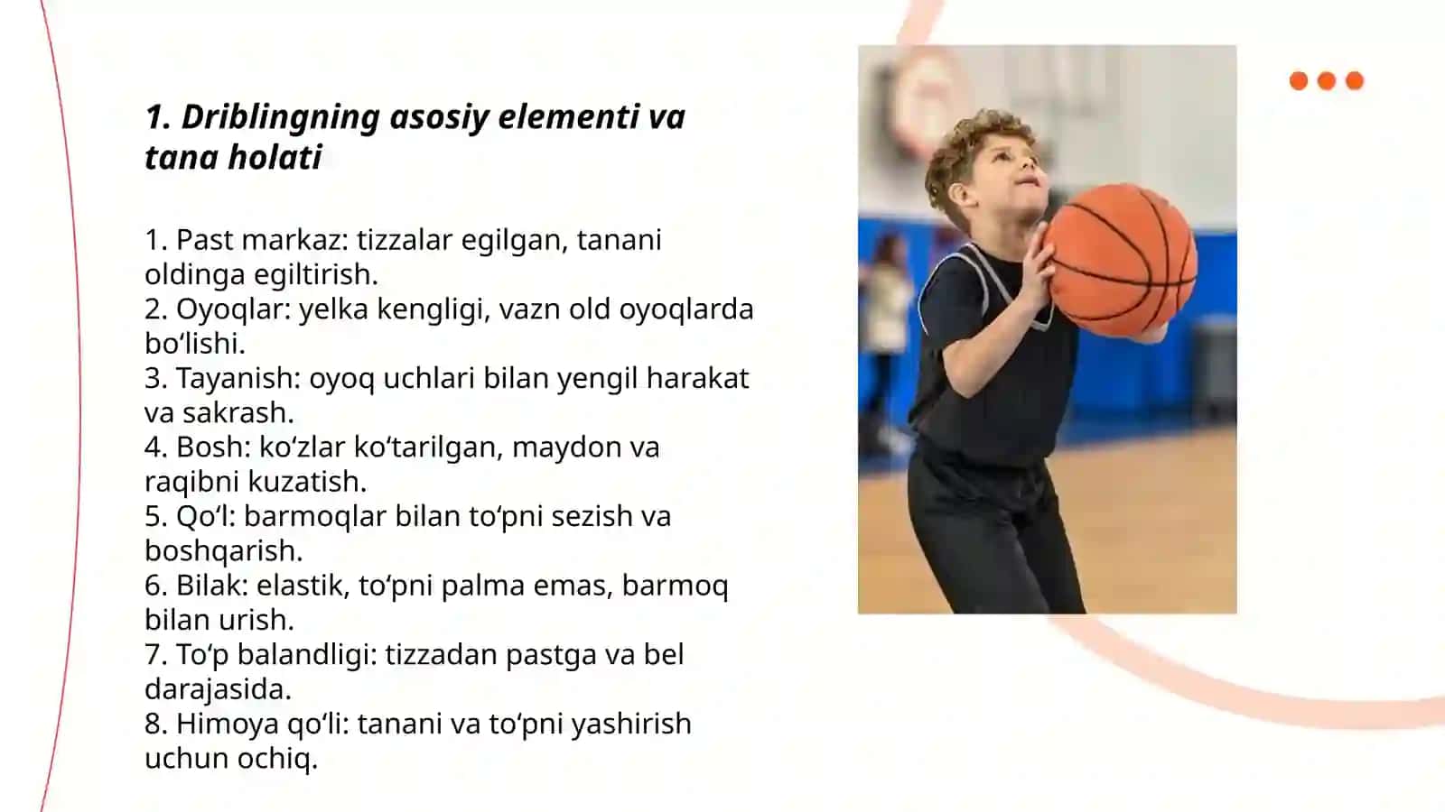 Basketbol óyinida harakatlanish va tópni boshqarishning texnik usullarini órgatish 3