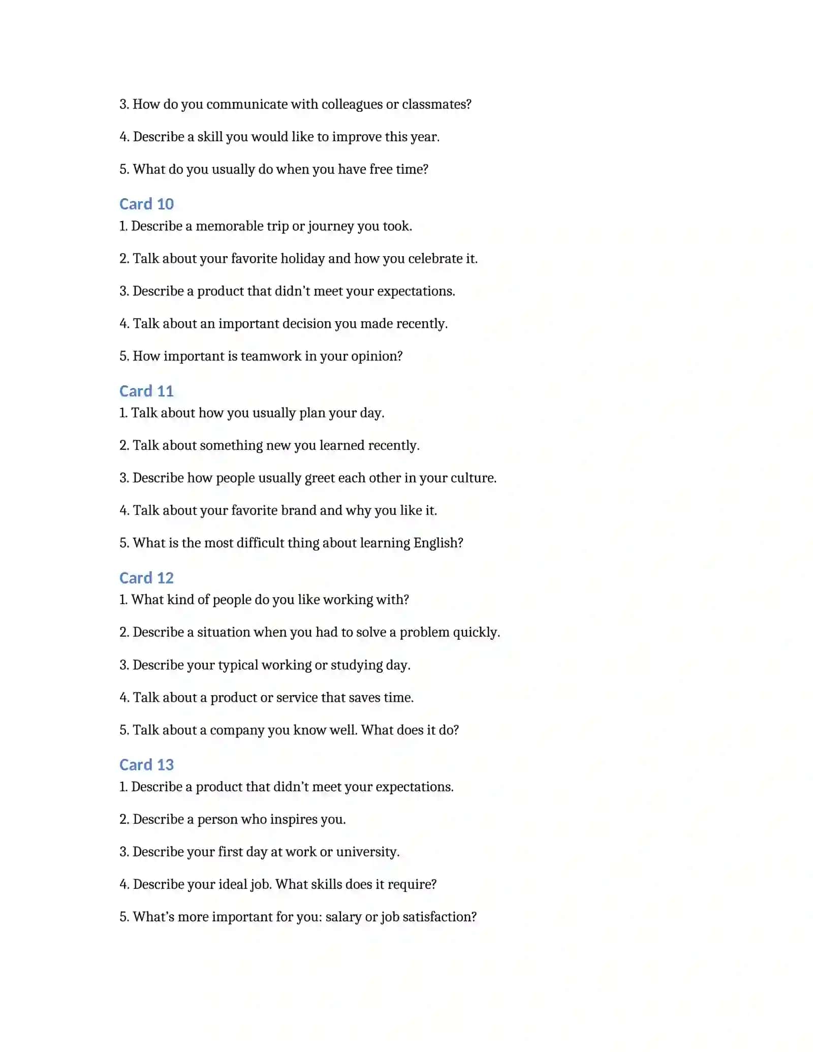 Mid-Term Speaking Assessment | General + Business Topics | Pre-Intermediate Level 3