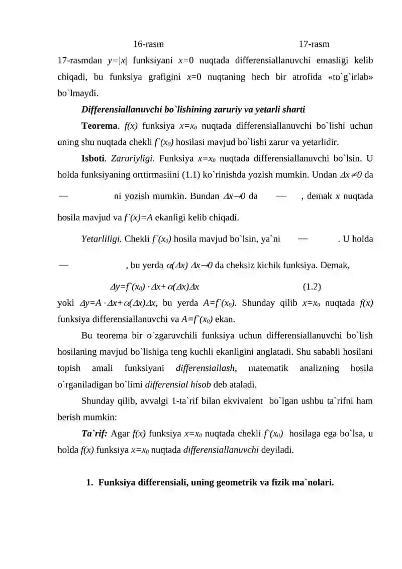 Differensiallanuvchi funksiyaning uzluksizligi. Differensialning geometric va mexanik ma`nosi 3