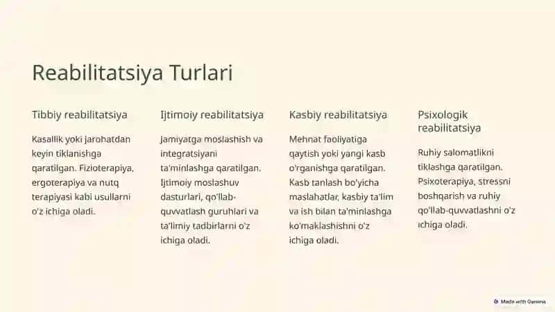 Reabilitatsiya - bu kasallik, jarohat yoki tug'ma nuqsonlar natijasida yo'qolgan yoki buzilgan funksiyalarni tiklashga qaratilgan jarayon. 3