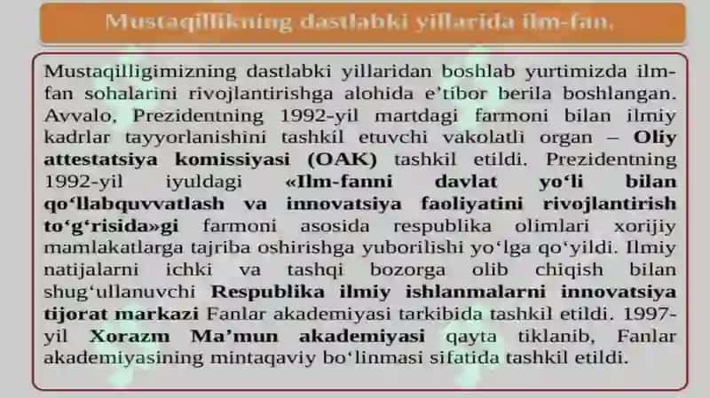 Mustaqillik yillarida O'zbekistonda fan,  Talim, sport san’at va adabiyot  sog'liqni saqlash tizimi rivoji 3