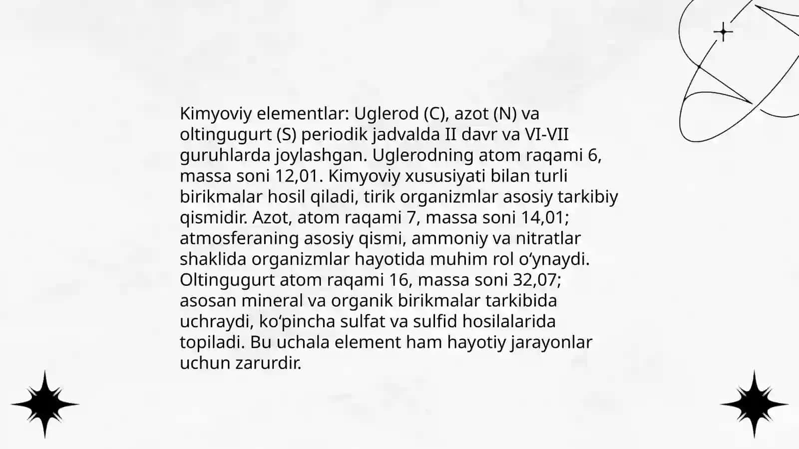 Kimyoviy elementlar: C, N, S va ularning birikmalari 3