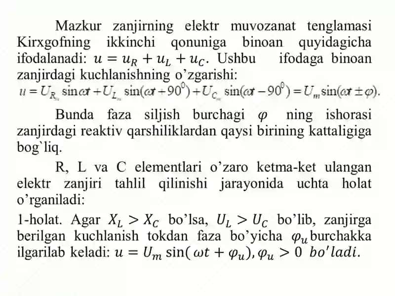 R, L, C ELEMENTLARIKЕTMA-KЕTVA PARALLEL ULANGAN SINUSOIDAL O’ZGARUVCHAN TOK ZANJIRLARIREJA 3