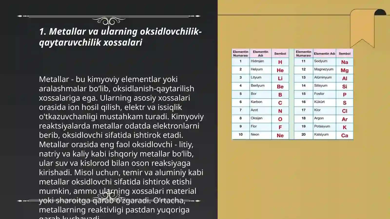 Elementlarning davriy jadvaldagi oʻrniga koʻra oksidlovchilik-qaytaruvchilik xossalarini oʻzgaroshi 3