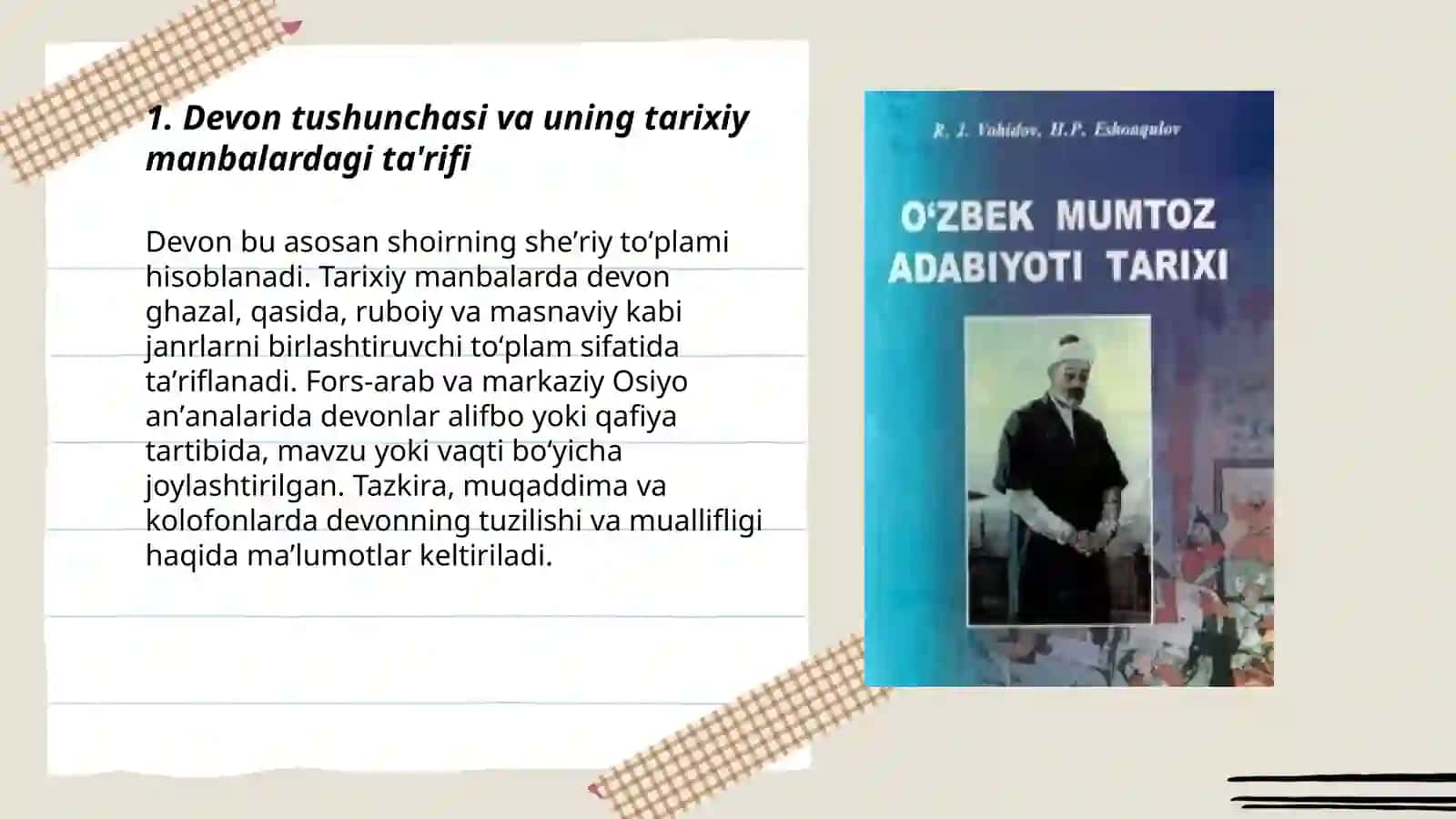 Sharq mumtoz adabiyotida devon tuzish anʼanasi va uning ko'rinishlari yuzasidan taqdimot tayyorlash 3