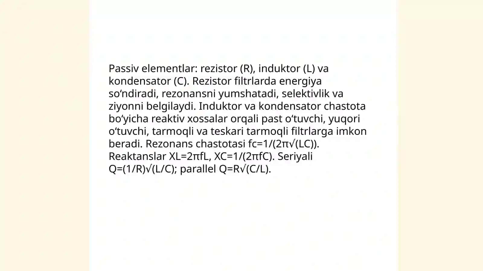 Passiv elementlardan tuzilgan filtrlarning xususiyatlarini o‘rganish 3
