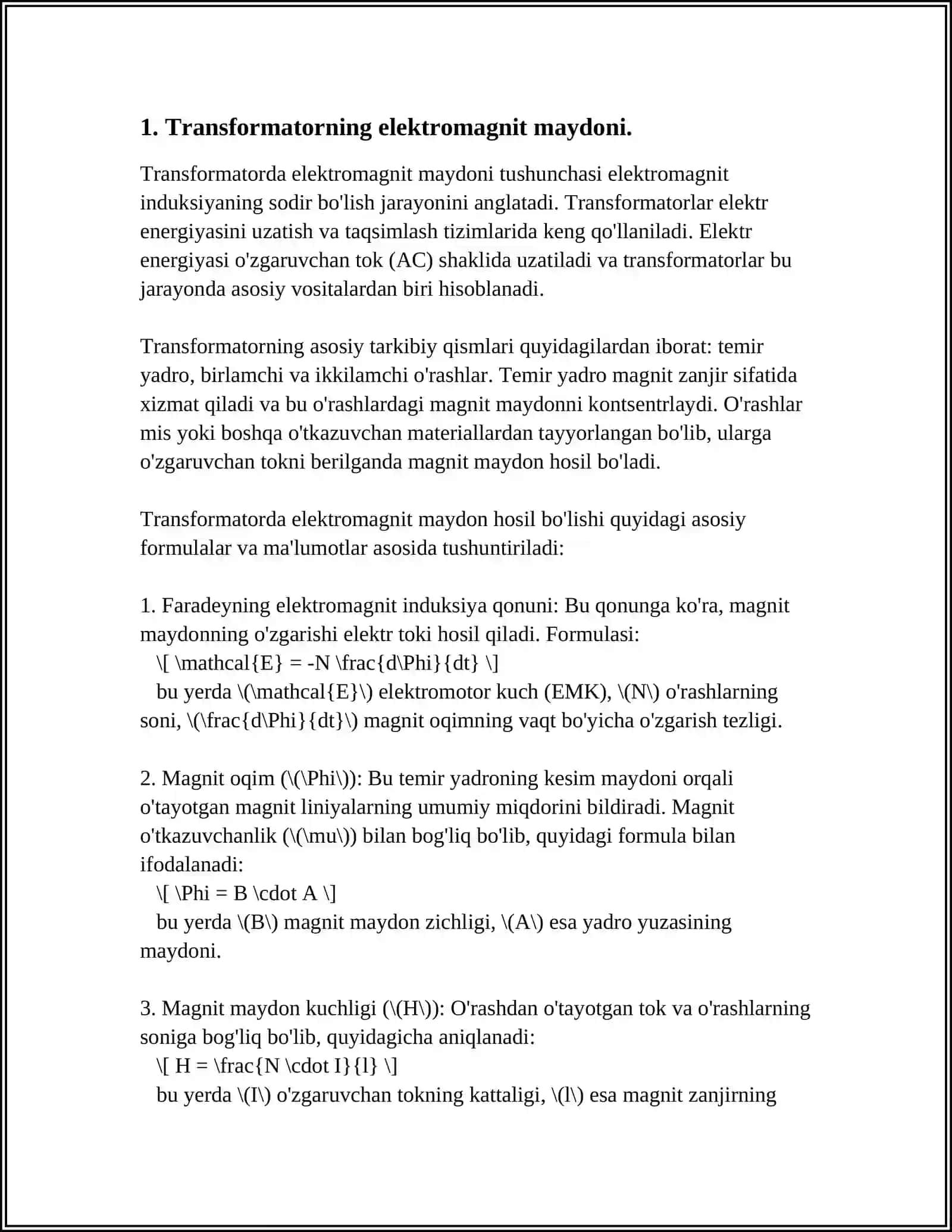 SIMMETRIK YUKLAMA ULANGAN TRANSFORMATORDAGI ELEKTROMAGNIT JARAYONLAR 3