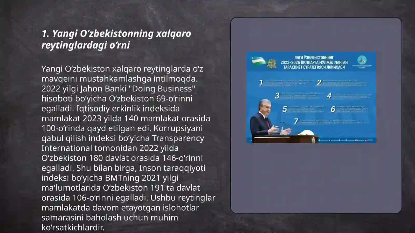 Yangi O'zbekiston ijtimoiy-siyosiy, iqtisodiy va madaniy hayotida roʻy berayotgan oʻzgarishlarning xalqaro reyting va indekslarda aks etishi 3