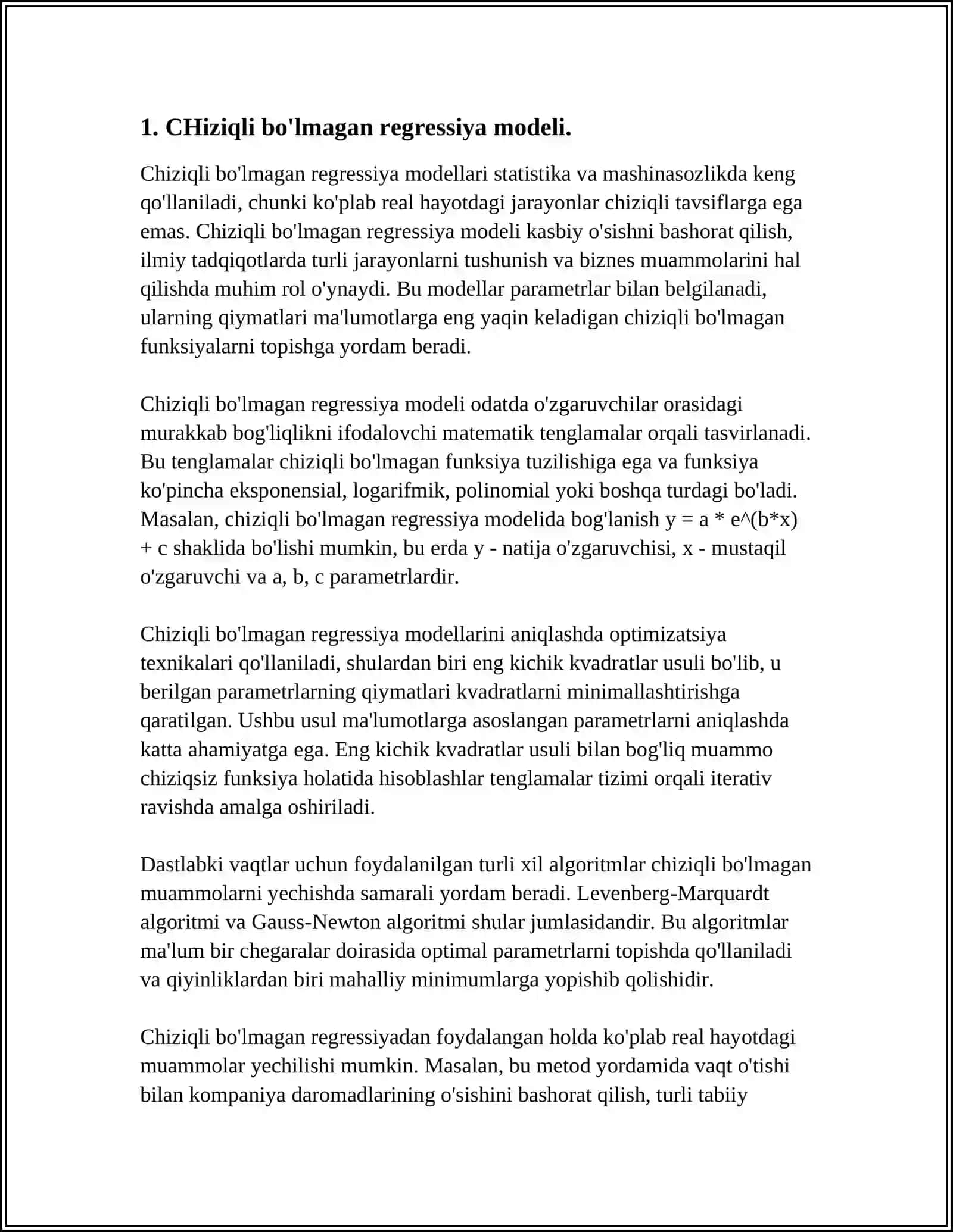CHIZIQLI BO'MAGAN REGRESSIYA PARAMETRLARINI TOPISHDA EKKU(ENG KICHIK KVADRAT USULI) 3